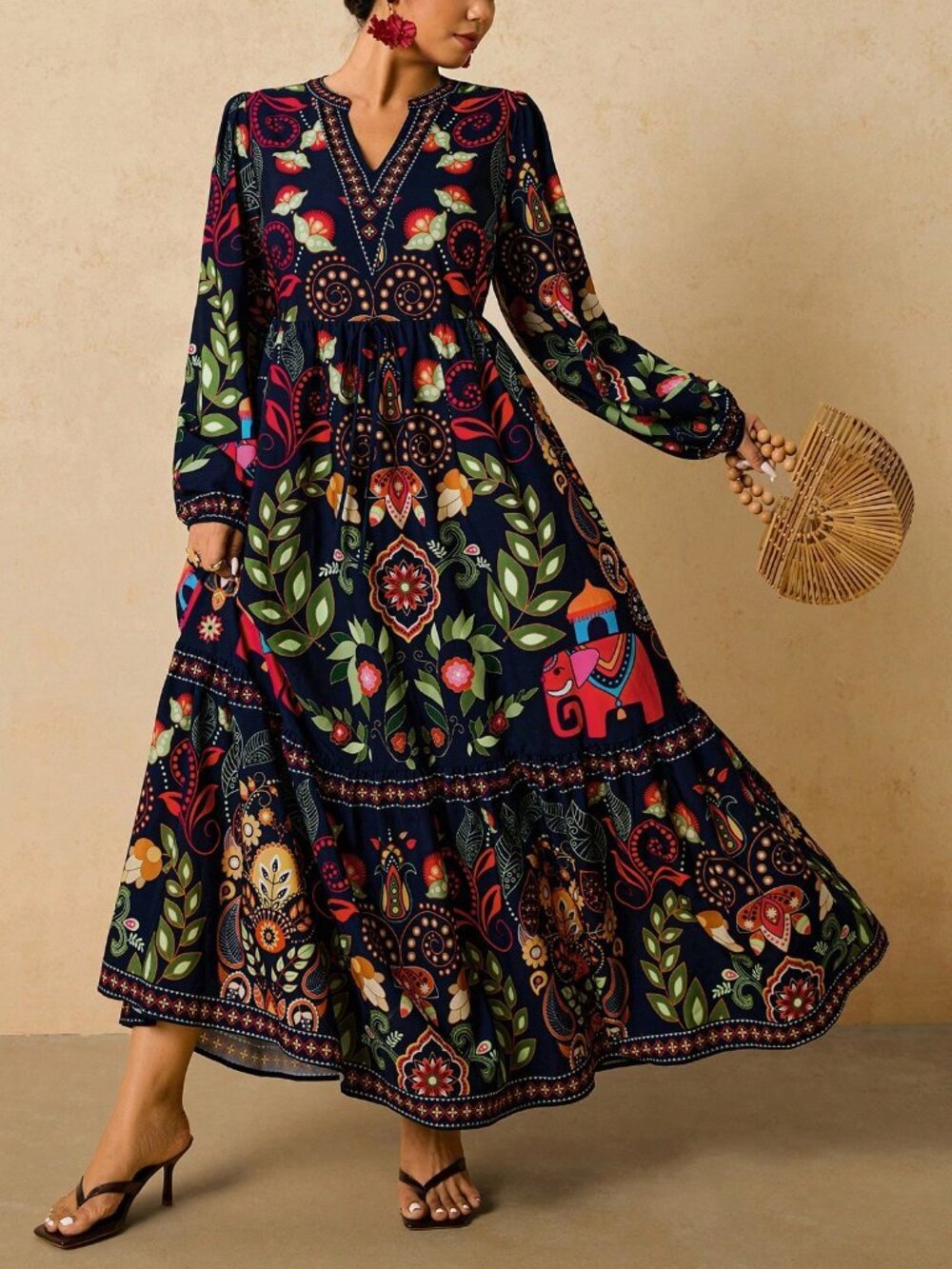 Boho Women's Navy Blue Plus Size Floral Long Sleeve maxi Dress - Picture 6 of 7